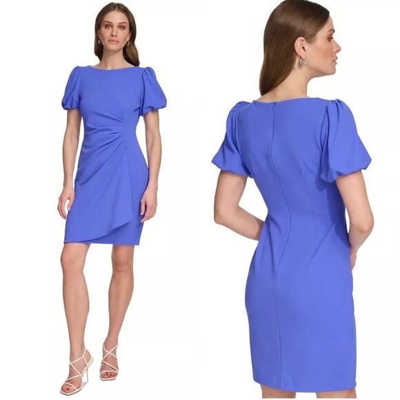 DKNY Ruched Bubble Sleeve Mini Sheath Boatneck Dress Size 4P Cobalt Blue NEW - Picture 8 of 16